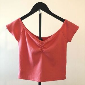 American Eagle Ribbed Cropped Top Size M Salmon Pink Scoop Neck Slim Fit Stretch